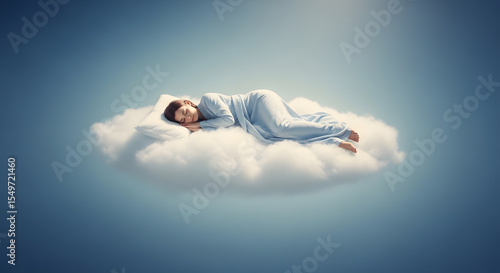 Woman peacefully sleeping on a fluffy cloud, in a dreamy sky background, concept of restful sleep and imagination