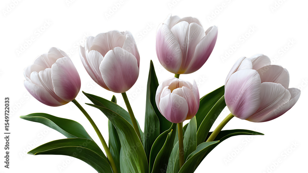 Fototapeta premium A beautiful bouquet of five delicate pink and white tulips with vibrant green leaves isolated on transparent background