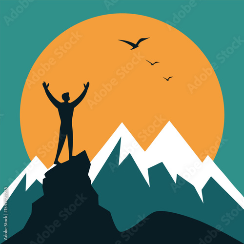 Hiker Silhouette Standing on High Cliff Edge During Scenic Sunset View