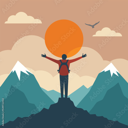 Silhouette of a Lone Alpine Climber Hiking Up a Steep Mountain Peak