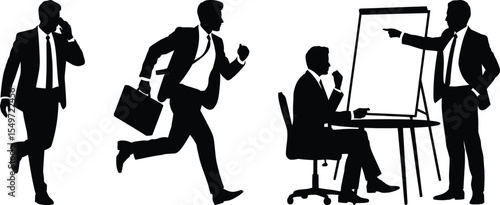 Silhouette vector illustration of businessmen in action including walking, running, calling, and presenting with a flipchart