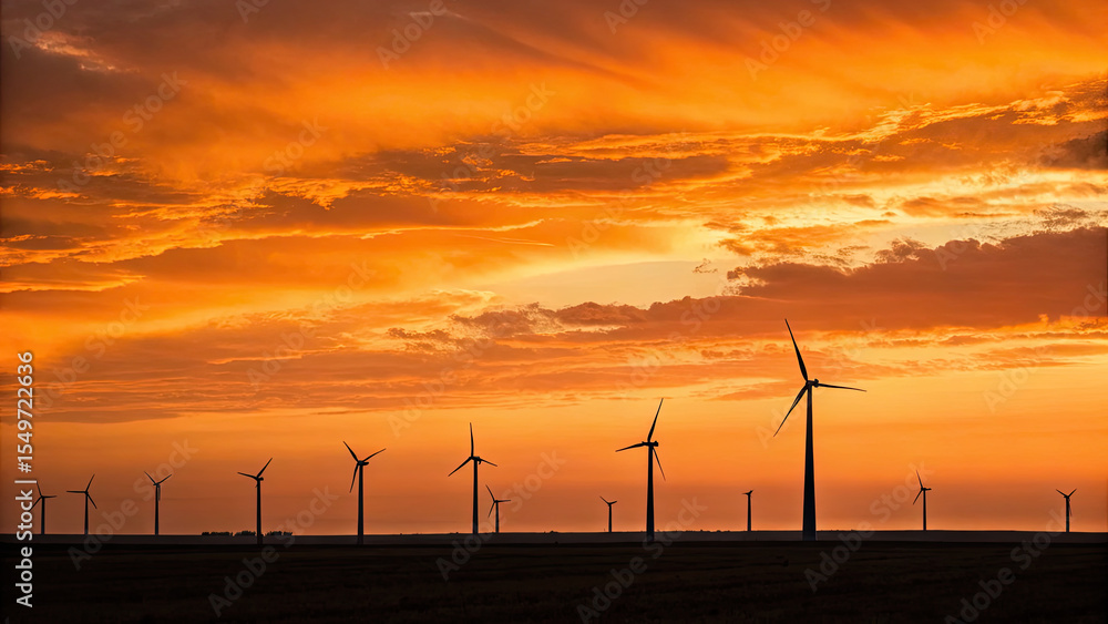 Obraz premium Row of wind turbines stands against vibrant orange sunset sky, symbolizing renewable energy and sustainability in serene landscape