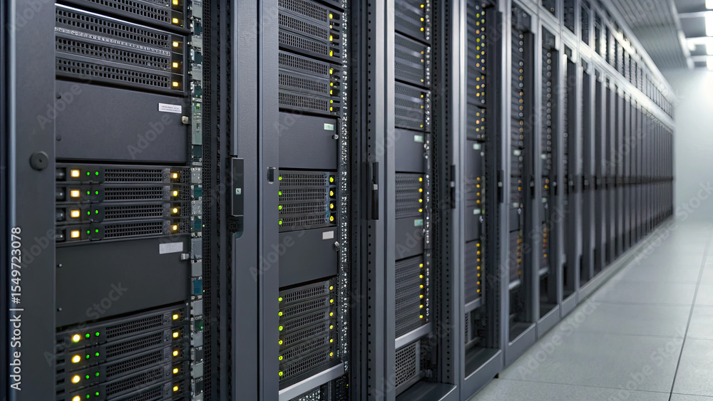 Modern data center with rows of server racks, illuminated indicator lights, and clean, organized environment Modern data center with rows of server racks, illuminated indicator lights, and clean, organized environment
