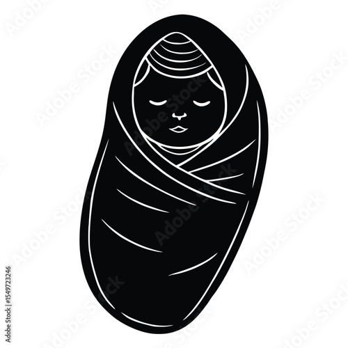 Stylized black and white illustration of a baby wrapped in a swaddling cloth