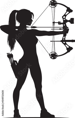 Female Bow Hunter Silhouette Aiming Compound Bow,  Archery Hunting Vector Illustration.new 2025 trendy