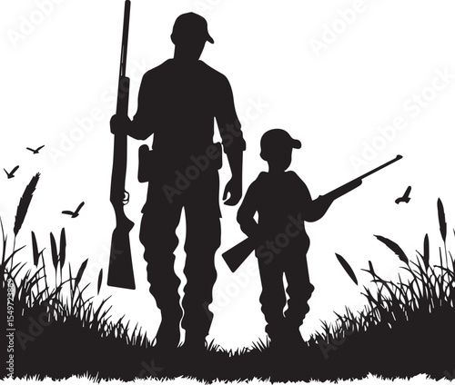 Father and Son Hunting Silhouette with Rifles in Tall Grass,  Outdoor Bonding Vector Illustration.new 2025 trendy