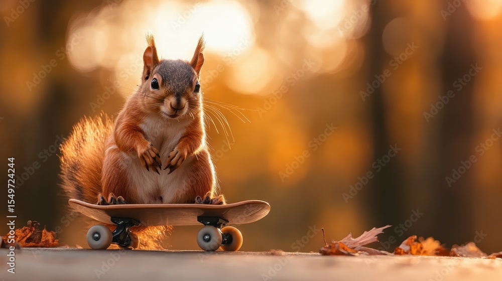 Naklejka premium A playful squirrel skillfully riding a skateboard, surrounded by a beautiful autumn backdrop, capturing the essence of joy and the playful spirit of wildlife in action.