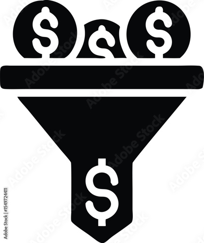 Conversion of currency dollars into a single symbol through a financial funnel icon