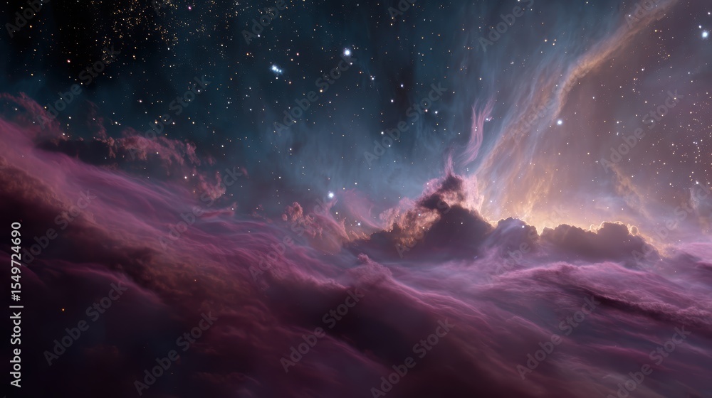 Fototapeta premium Celestial nebula backdrop with swirling purples and gold stardust accents