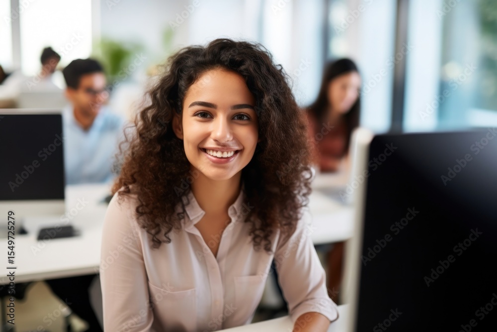 Young Woman Working computer portrait smiling. Young Woman Working computer portrait smiling.