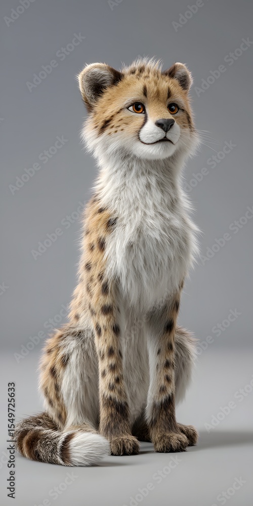Obraz premium A charming 3D digital art piece showcases a full-bodied, endea cheetah cub with a sweet, innocent gaze, radiating a sense of gentle speed and quiet power.