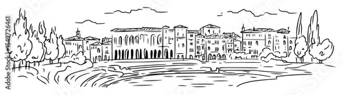 hand drawn palace or villa with garden – vector european landscape illustration