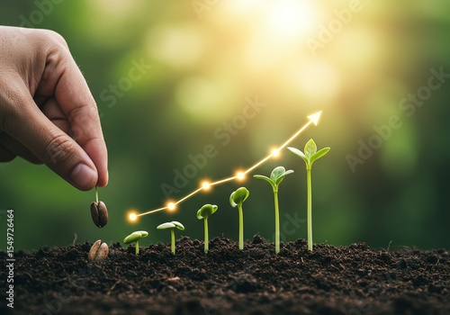 A hand is shown planting a seed next to seedlings representing different stages of growth, overlaid with a graphic illustrating an upward trend, symbolizing progress or investment.