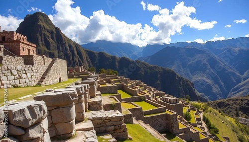Pinkulluna Inca ruins, Ollantaytambo, Sacred Valley, Peru  Ancient stone walls, terraces, mountain backdrop,   stone structures,  South America
