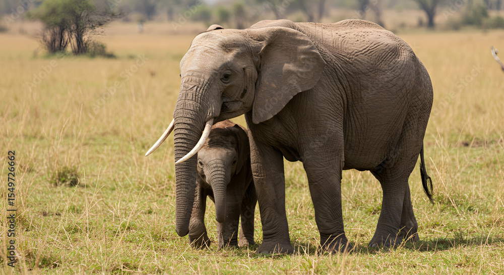 Fototapeta premium African elephants mother and calf heartwarming wildlife scene serene savanna grassland beauty