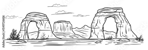 rock formations and natural arches in desert landscape – hand drawn vector