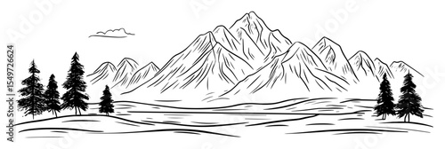 mountain range with pine trees and open meadow – vector landscape sketch