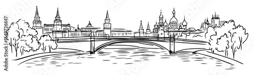 moscow kremlin and cathedral with river and bridge – vector cityscape sketch