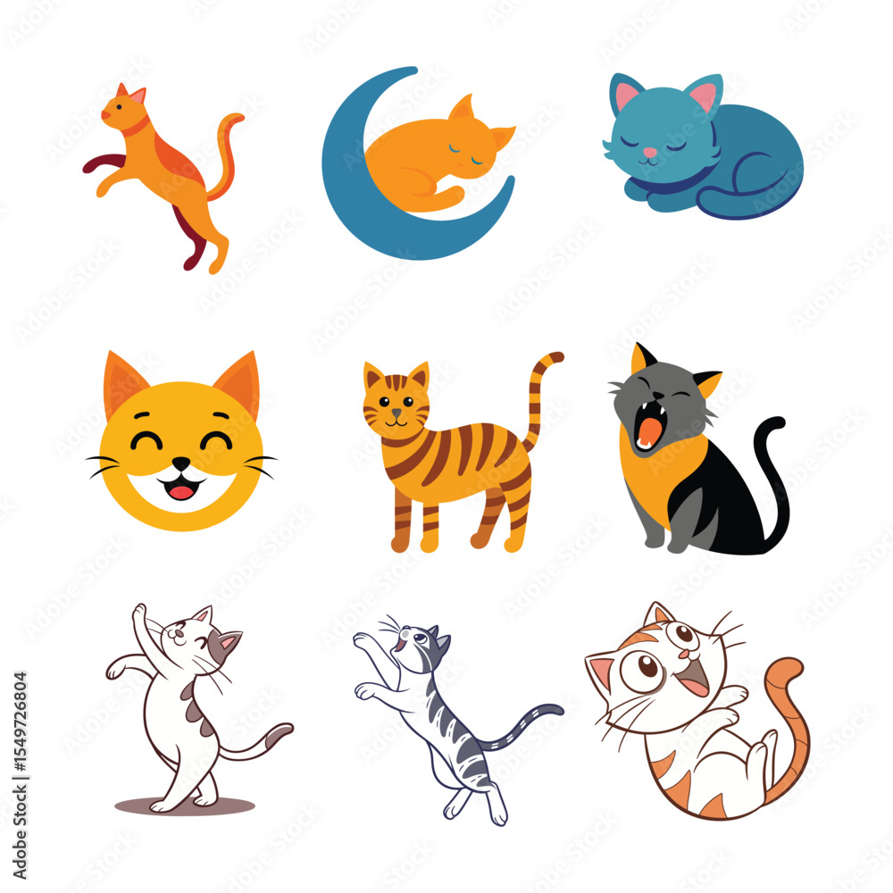 Fototapeta premium Cat poses and expressions with dancing cat jumping cat sleeping kitten striped tabby smiling cat emoji and crescent moon sleep Vector illustration on white background