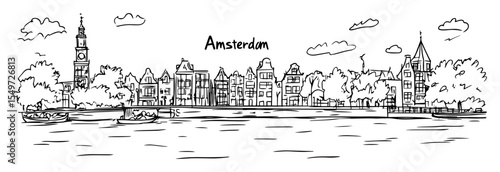 amsterdam riverside view with houses and boats – vector line art