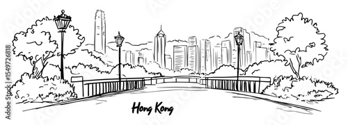 hong kong city park with skyline and lanterns – hand drawn vector
