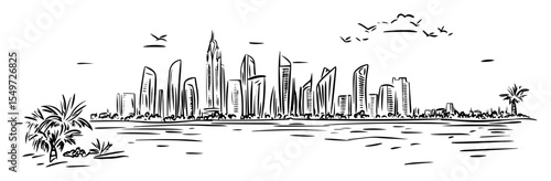 modern skyline with palm trees and waterfront – vector cityscape sketch