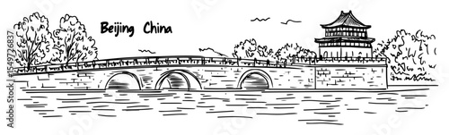 beijing stone bridge and temple with river – hand drawn chinese landmark