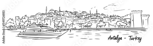 antalya harbor and city view with hills and minarets – turkey vector art