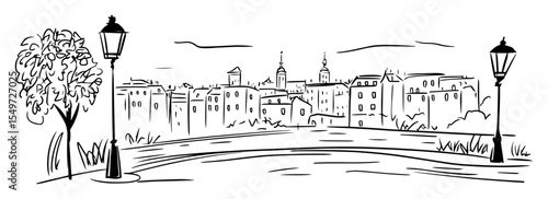 city square with historic buildings and lanterns – vector urban sketch
