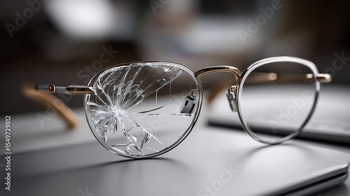 Close-up shot of broken eyeglasses showcasing damage and vulnerability theme