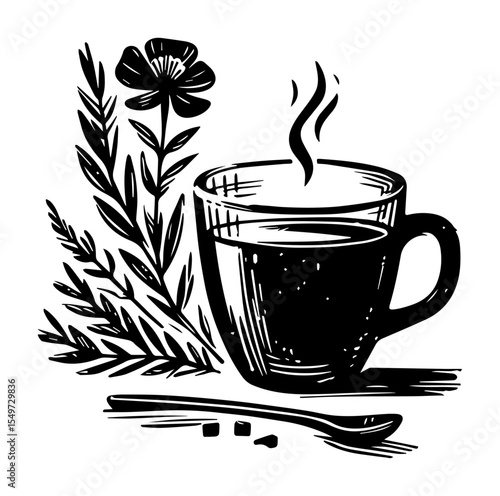 herbal tea in cup with plants and spoon sketch