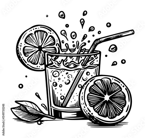 citrus splash drink with straw silhouette shape vector illustration