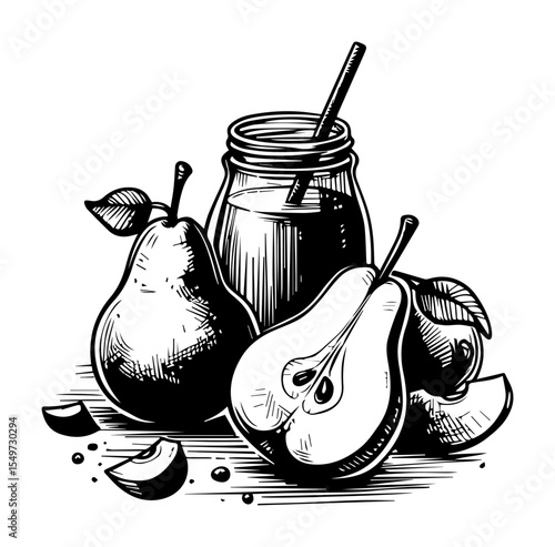 pear smoothie in jar with fruit shape silhouette vector