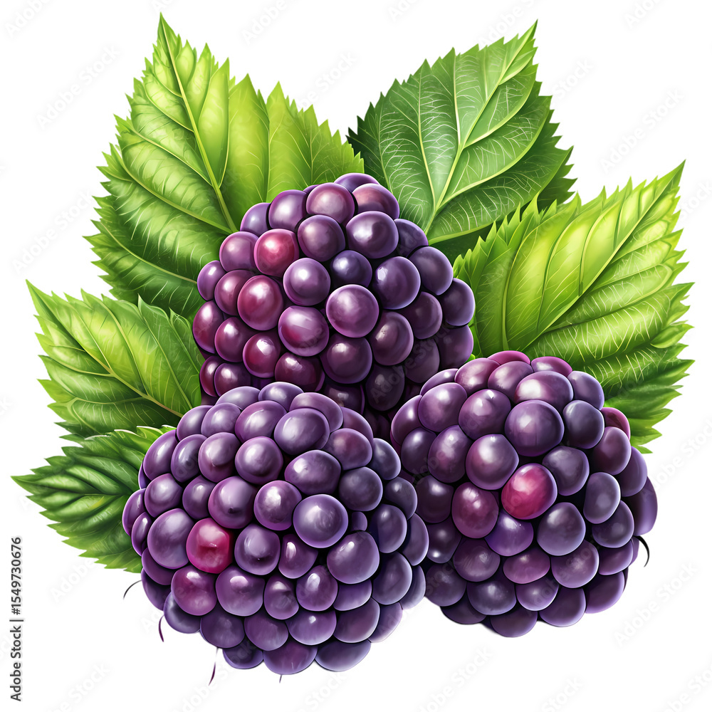 Fototapeta premium Luscious Blackberries A Vibrant Cluster of Juicy Berries and Lush Green Leaves isolated on transparent baackground