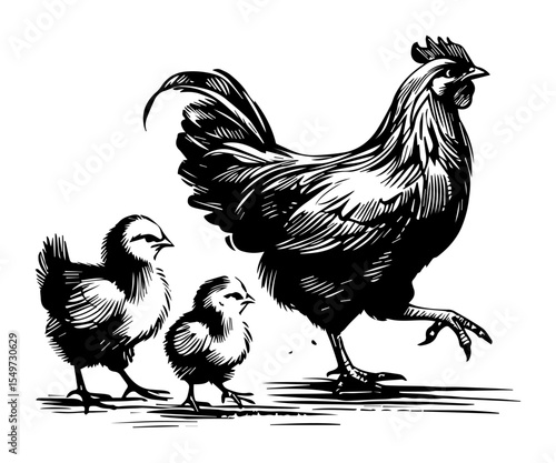 hen with chicks farm bird silhouette shape vector illustration