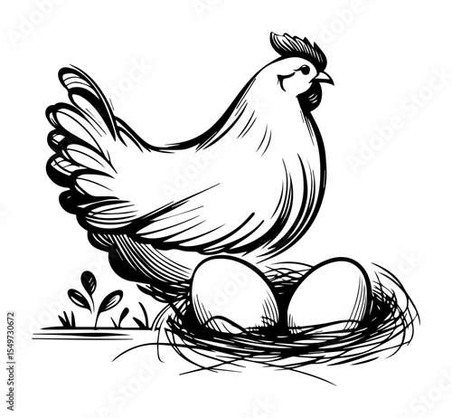 hen sitting on eggs in nest vector silhouette shape