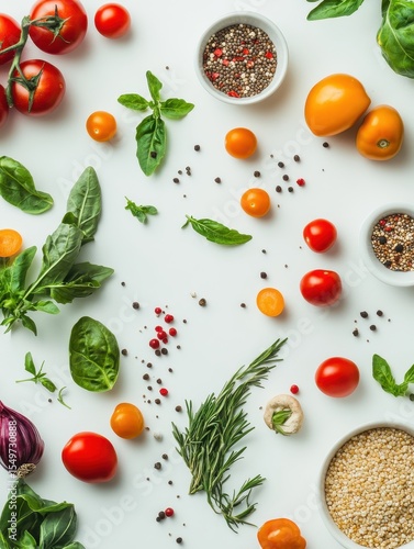 A vibrant flat lay showcasing fresh vegetables, herbs, and grains, perfect for a healthy and delicious meal