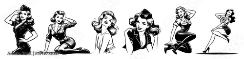 pin-up girls collection retro engraving vector shape