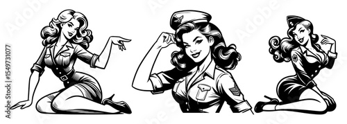 retro pin-up girls black silhouette sketch vector set
