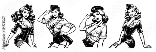 pin-up military themed girls black shape vector sketch