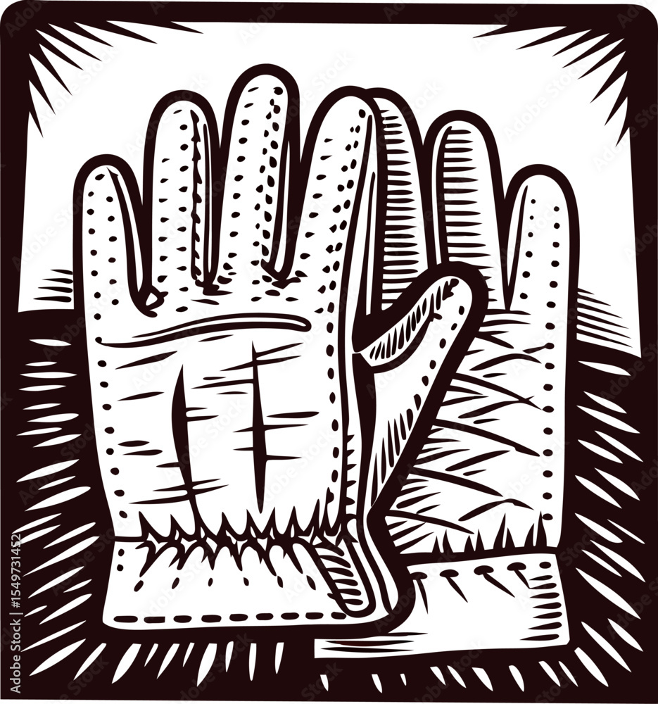 Obraz premium Vintage engraved illustration of protective work gloves with detailed stitching and textured leather surface