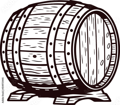 Vintage engraved illustration of wooden barrel on stand isolated on white background