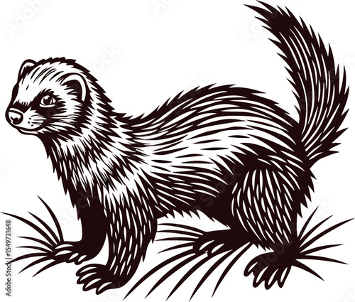 Hand drawn illustration of standing ferret in vintage engraving with bushy tail and detailed fur