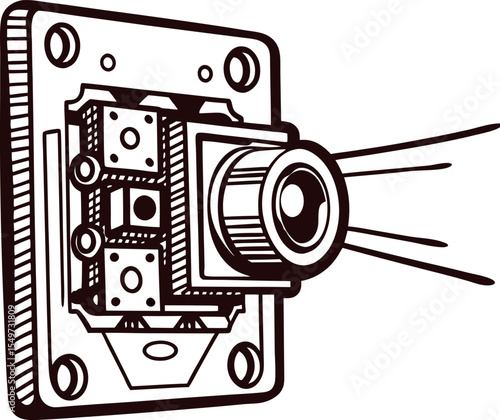 Hand drawn vintage wall mounted surveillance camera illustration with black outline isolated on white background