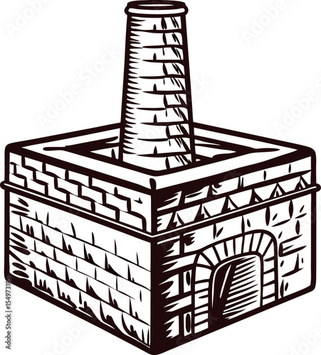 vintage engraved illustration of an old brick forge furnace with tall chimney and arched doorway