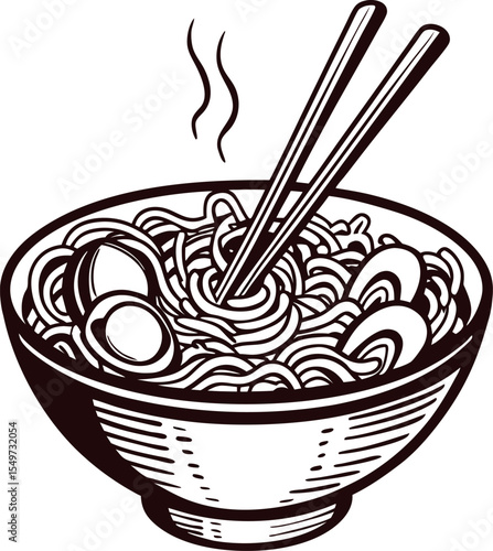 Hand drawn illustration of steaming ramen bowl with chopsticks, eggs, noodles, and vegetables, vintage engraved