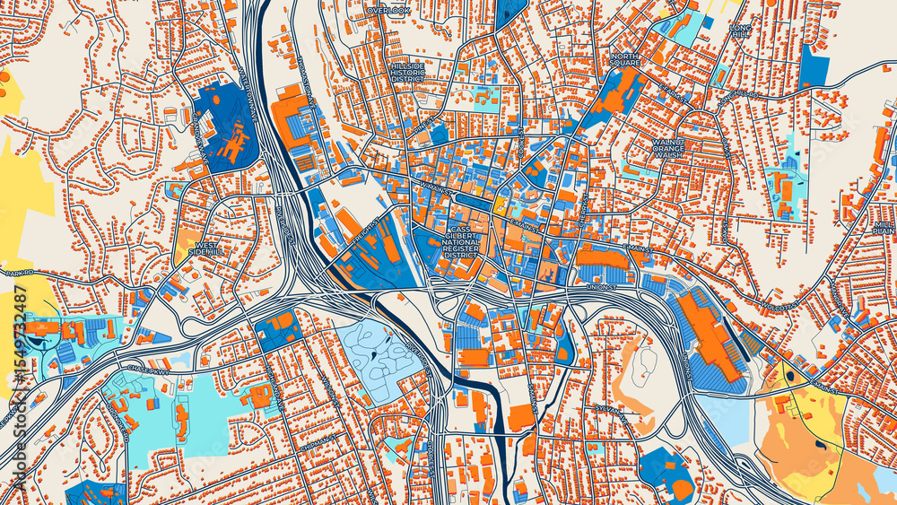 Obraz premium Colorful Waterbury Street Map with Labels and Buildings