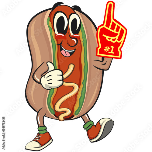 cute hot dog mascot cartoon vector illustration raise foam finger, funny fast food character isolated on transparent background, work of hand drawn