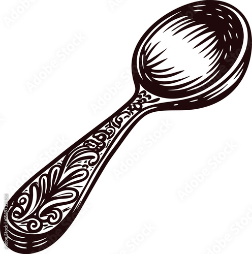 Intricately carved wooden spoon with ornate floral pattern engraving illustration