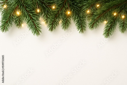Christmas Border Seamless Garland with Conifer Branches and Holiday Lights on Transparent Background